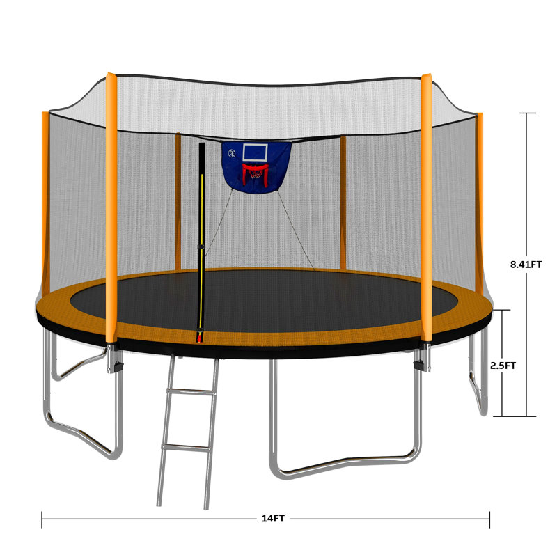 Trampoline d'extérieur 14 pi avec panier de basketball, filet de sécurité réglable et échelle - orange
