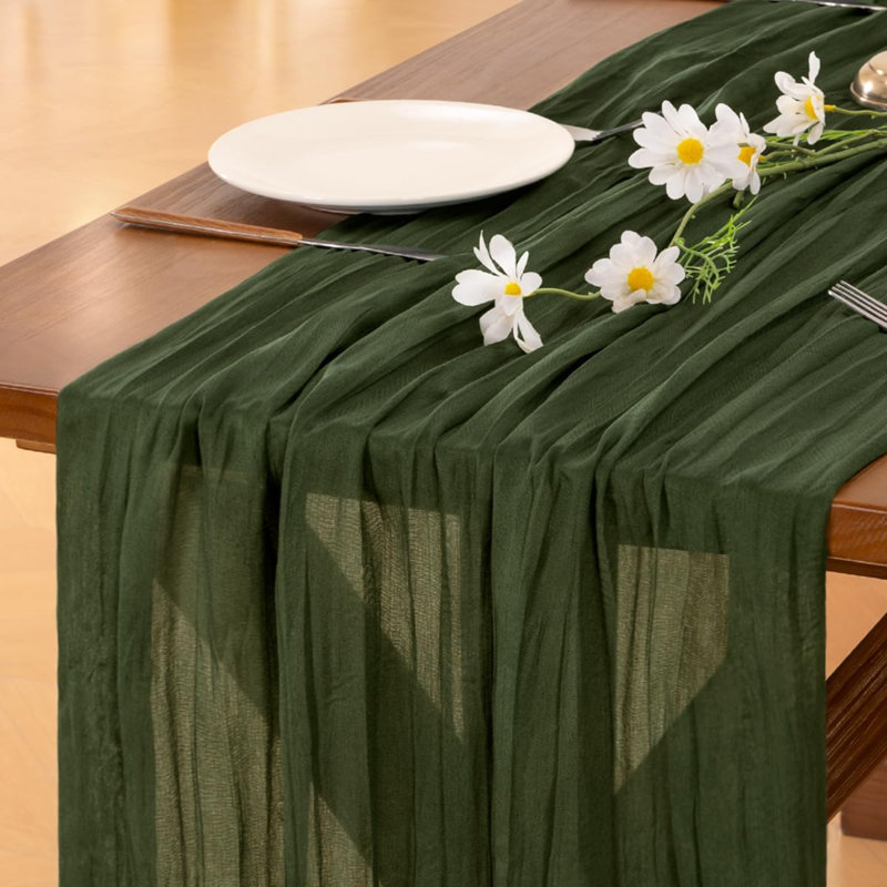 Chemin de table en gaze de style champêtre, vert olive, 3 pièces, 3 m (10 pi), style bohème, idéal pour mariage, anniversaire ou décoration intérieure | Parfait pour une fête prénatale, un enterrement de vie de jeune fille ou toute autre fête.