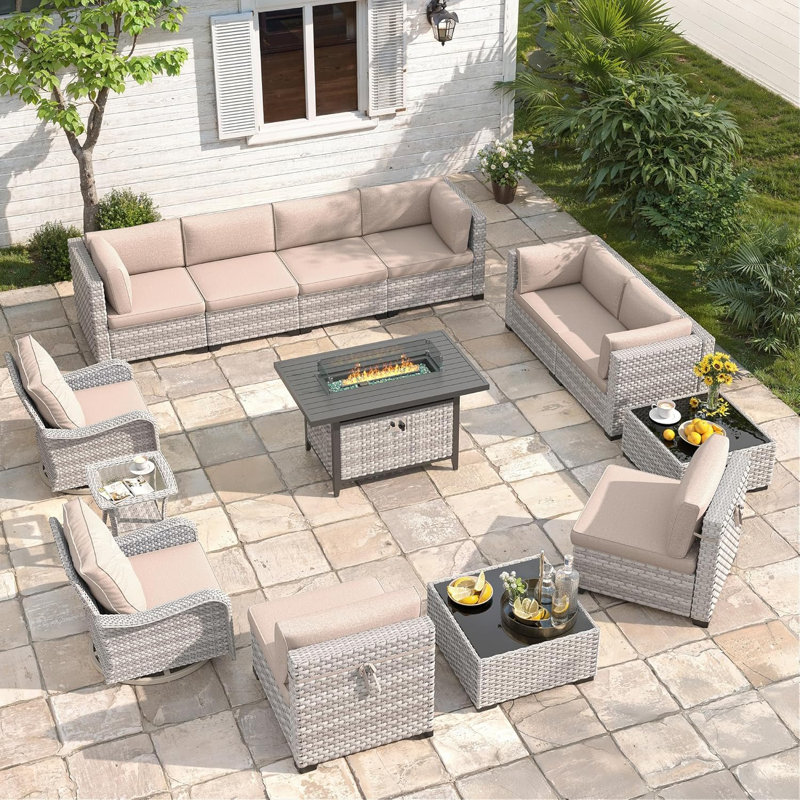 10 - Person Outdoor Wicker Patio Conversation Furniture Set with Fire Pit Table, Beige