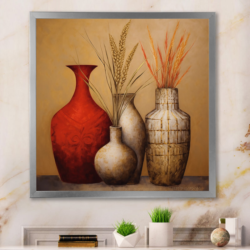 Nature morte, vase en or rouge avec fleurs de blé sur toile, H 16 po x l 16 po x P 1 po, Cadre simple argenté
