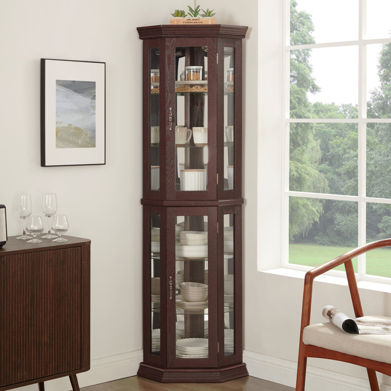 Vitrine de coin lumineuse - présentoir en verre avec portes en verre trempé, tablettes réglables et ampoule à perles incluse - armoire de bar idéale pour la décoration intérieure - cerisier foncé
