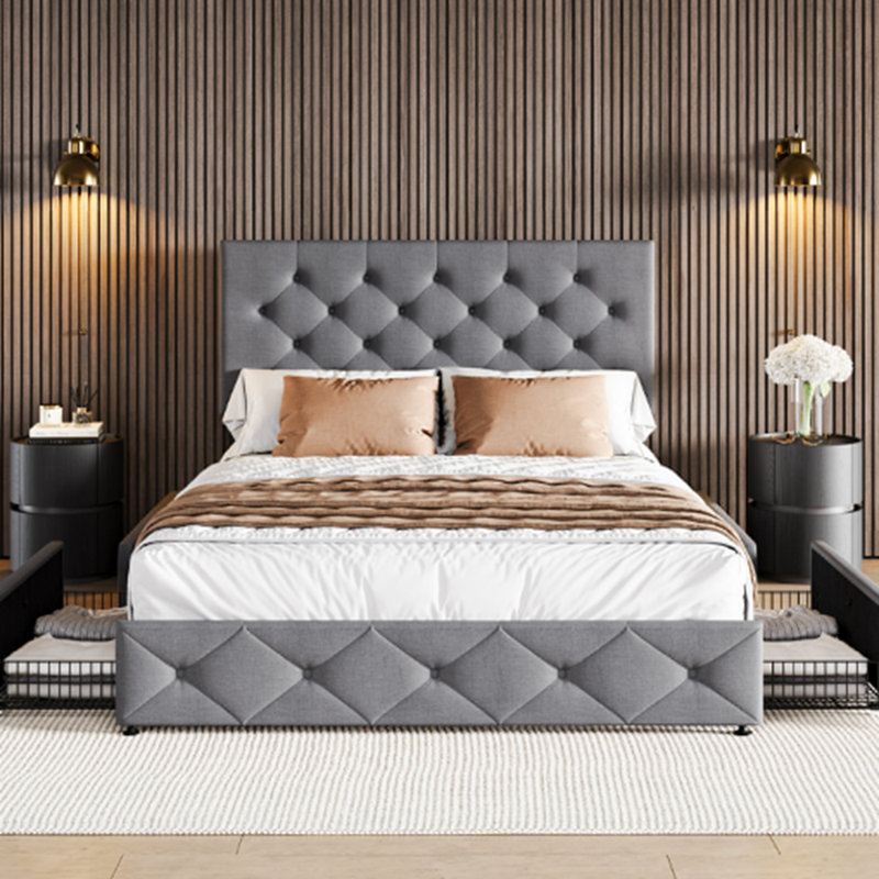 Zelna Upholstered Platform Storage Bed with 4 Drawers and Sleek Button Tufting, Queen, Light Gray