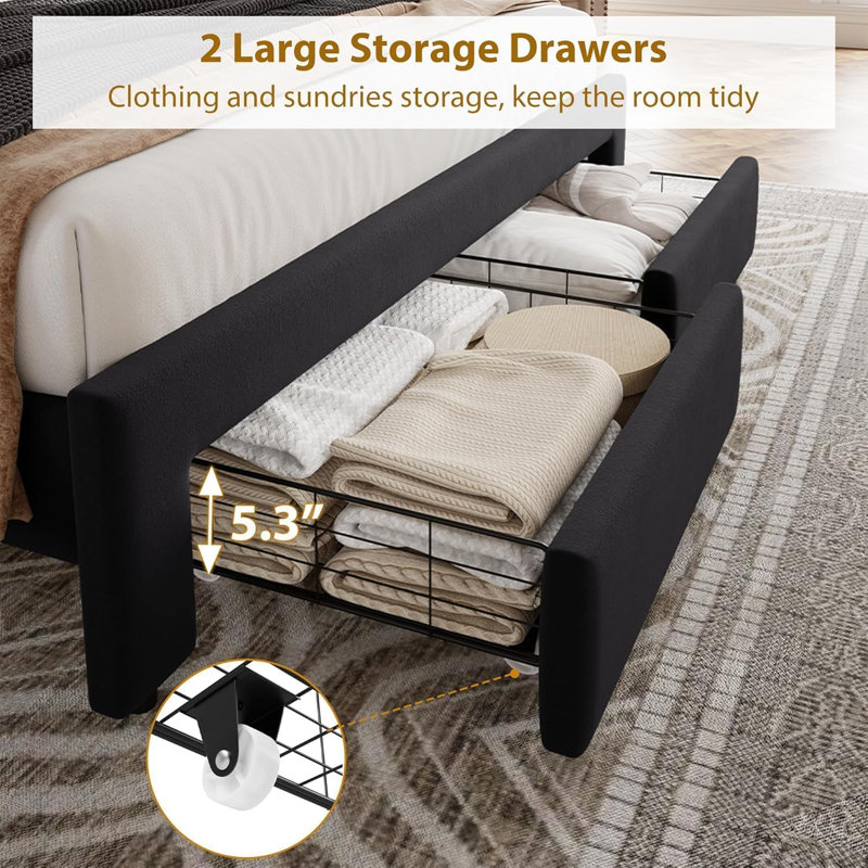Queen Bed – 2 Drawers, Black Velvet Upholstered, Black, Queen