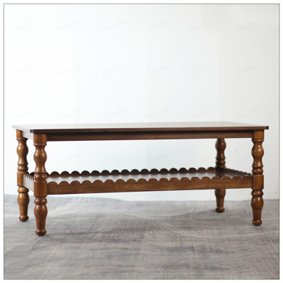 Rectangle Coffee Table with Storage Shelf, Solid Wood Legs, Farmhouse 2-Tier Center Table for Living Room, Easy Assembly and Durable Design