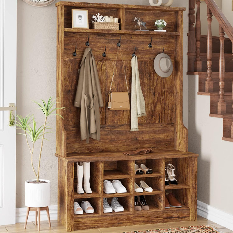Auben Hall Tree 39.4'' Wide with Bench and Shoe Storage, Rustic Brown