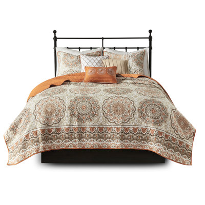 Reversible King/ King Quilt In Orange - Bold Floral With Medallions, Microfiber Fabric 6 Piece Orange, Print Face, 3 Decorative Pillows