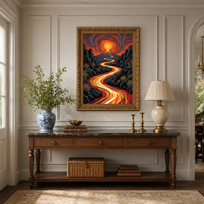 Art mural en toile noyer doré encadré pour salon, chambre à coucher, bureau ou vestibule - décoration murale décorative avec lave volcanique