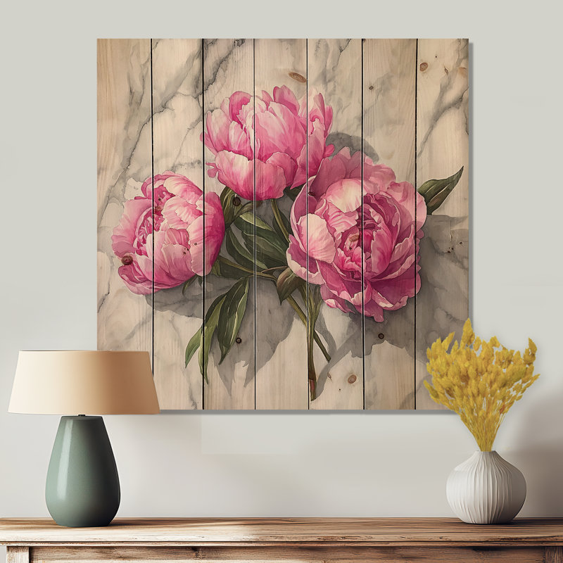 Comptoir de pivoines roses sur marbre - Art mural en bois pivoines - sur bois de pin naturel, H 30 po x l 30 po x P 0,78 po