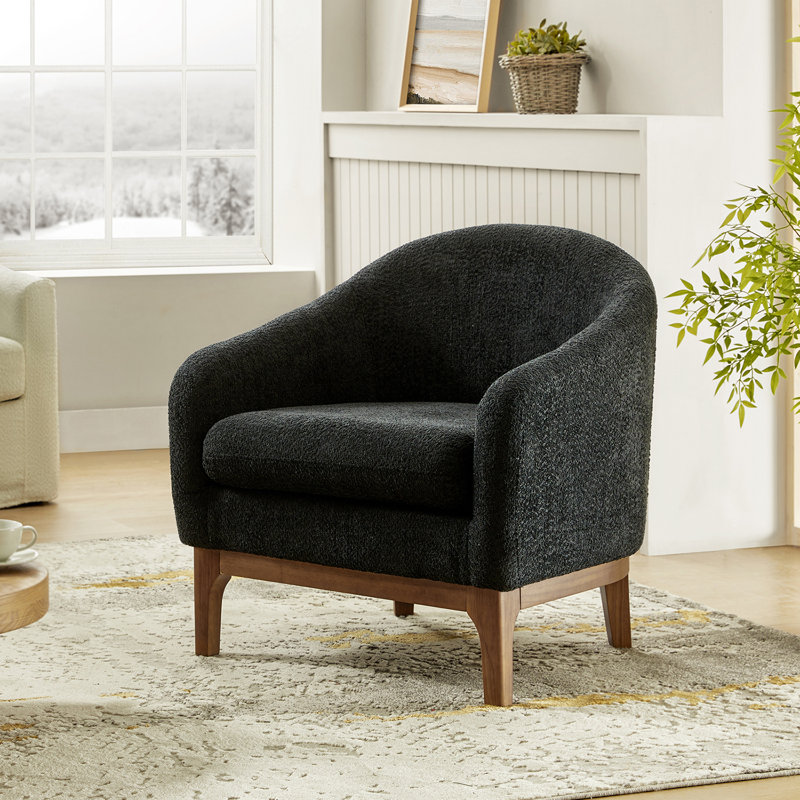 Berklie Modern Boucle Barrel Chair with Solid Wood Legs, Black Wool