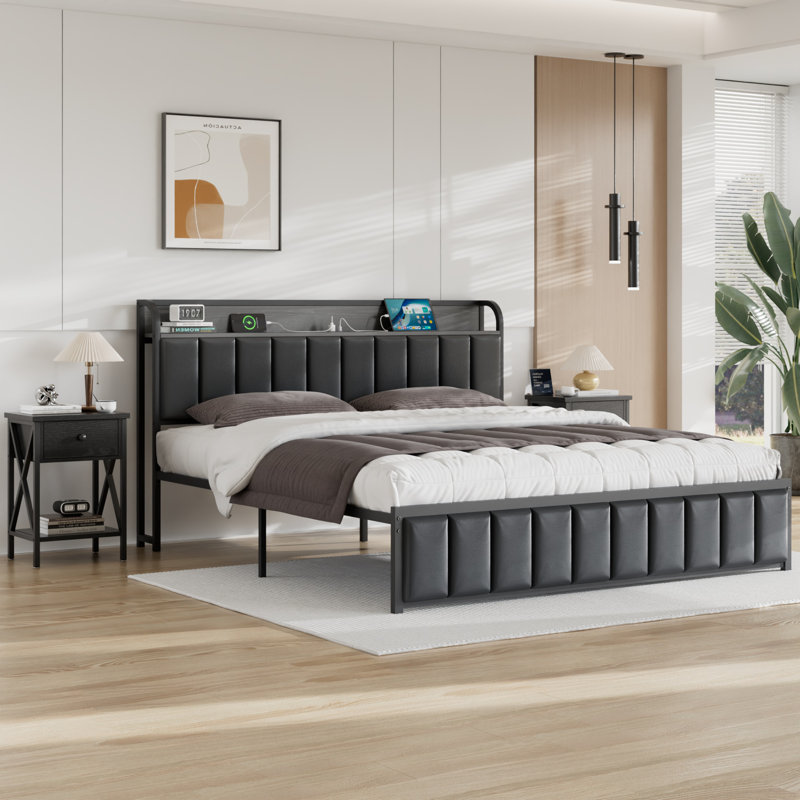 3 Piece Bedroom Furniture Set, Black Faux Leather Upholstered Platform Bed Frame with Charging Station, Modern Storage Headboard Bed and 2 Nightstands Set, Bedroom Furniture Set, No Box Spring Needed