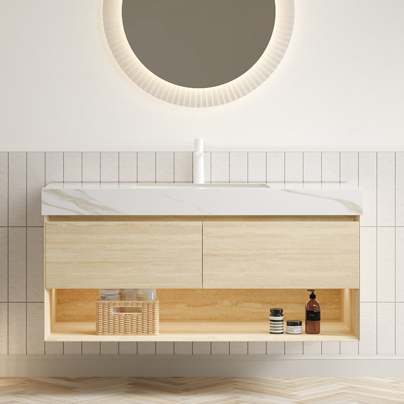 Meuble-lavabo flottant avec lavabo, tiroirs et capteur de lumière