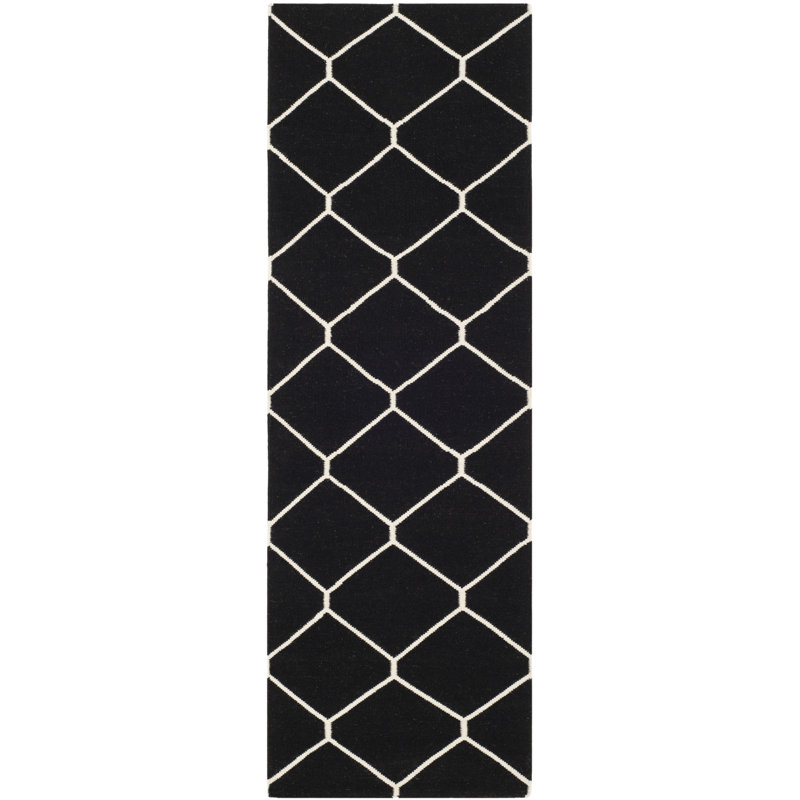 Rodgers Hand Woven Flat Weave Wool/Cotton Geometric Rug in Gray/Black, Runner 2'6" x 8'