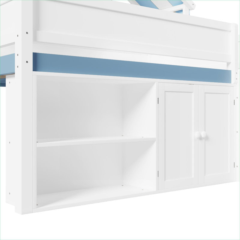 Lit mezzanine double en bois massif avec armoire de rangement sous le lit, White/Blue