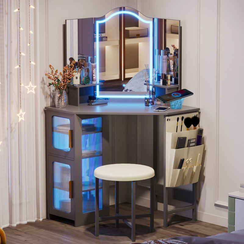 Dressing Table with Motion Sensor 3-colour lighting, Charging Socket and Stool, Grey
