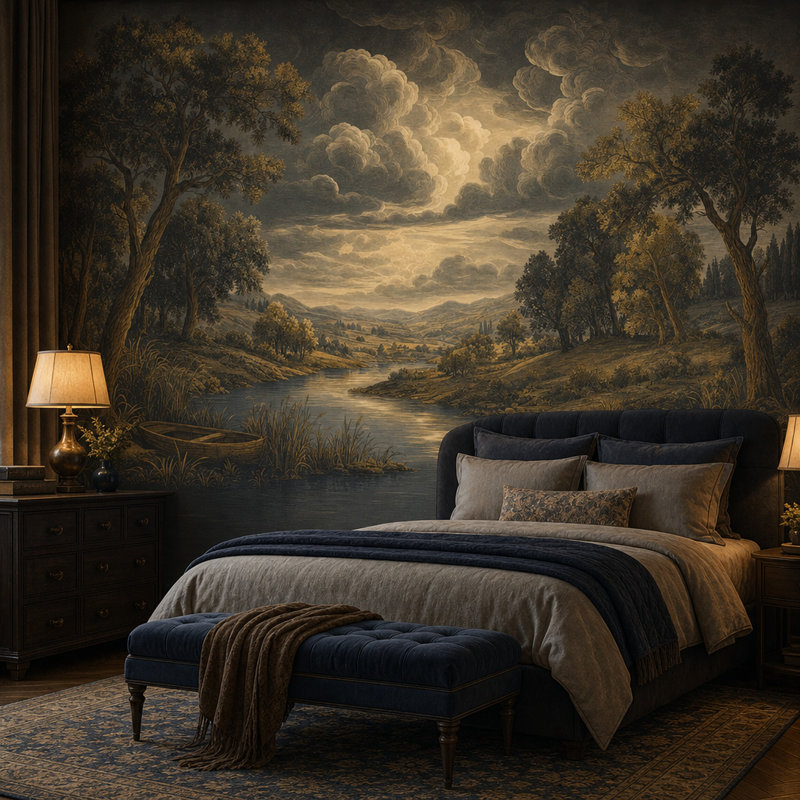 Dark Landscape Wallpaper Vintage Engraving River Valley Removable Wall Decor, 140"x108", Peel and Stick