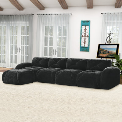140-Inch Cloud Compression L-Shaped Sofa Set, Four-Seater Modern Modular Sofa With Footstool, Upholstered Sofa For Living Room Or Bedroom, No Assembly Required.