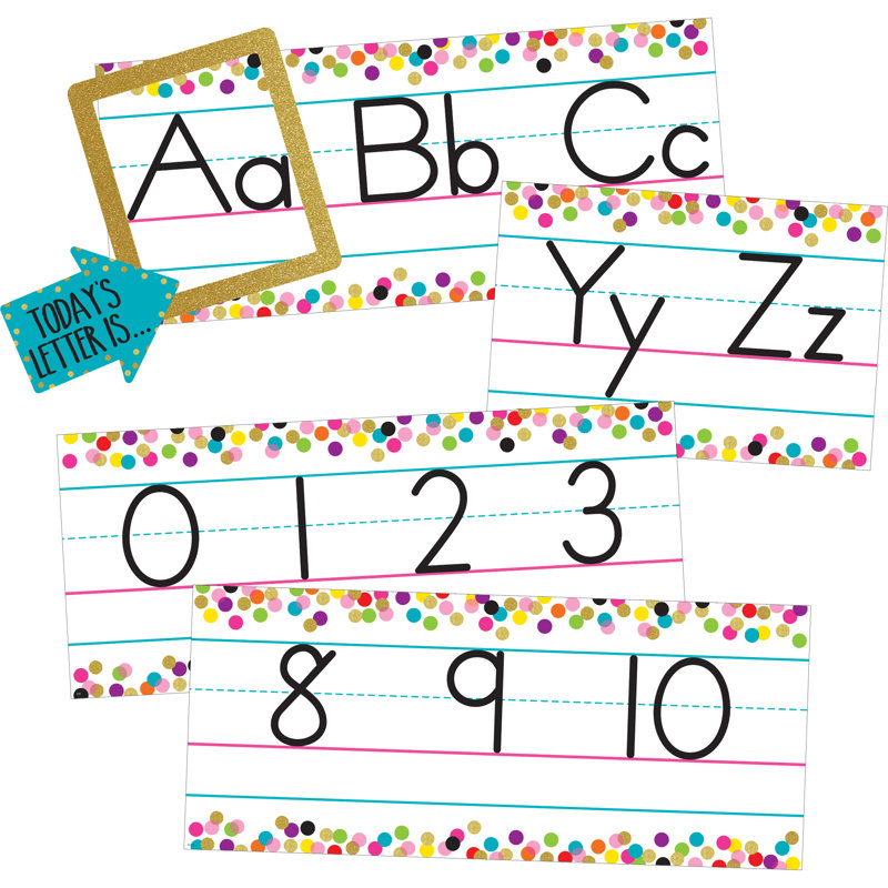 Tableau de lignes de l'alphabet confettis par l'enseignant