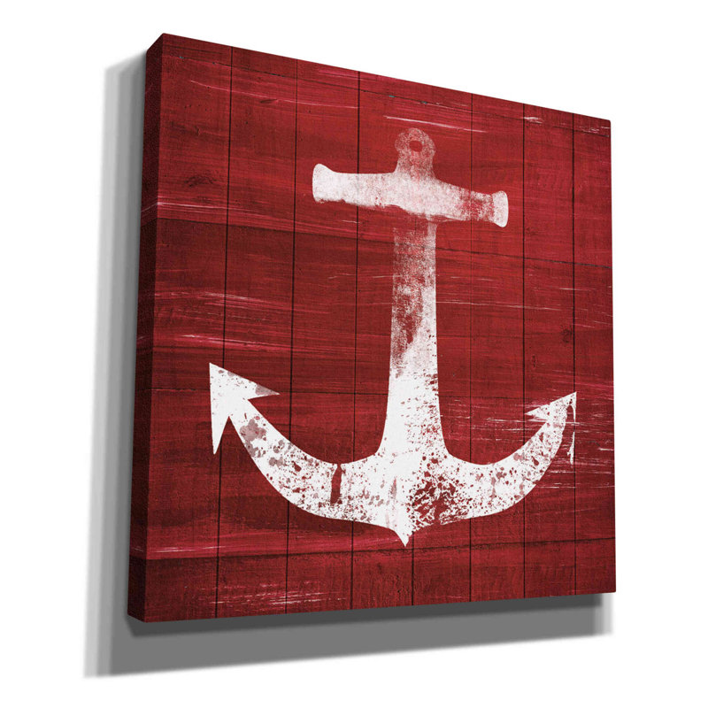 «Red and White Anchor» par Linda Woods, art mural sur toile, H 12 po x l 12 po x P 0,75 po