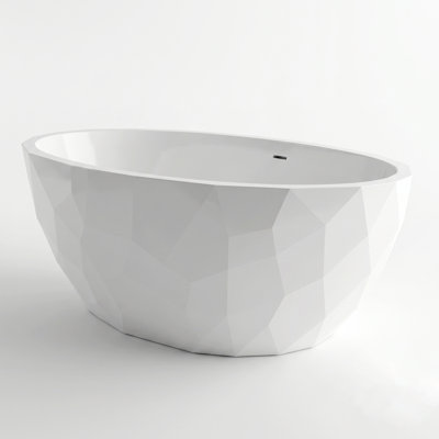 67" Glossy White Acrylic Geometric Diamond-Cut Freestanding Bathtub With Integrated Slotted Overflow And Center Drain - Luxury Architectural Soaking Tub
