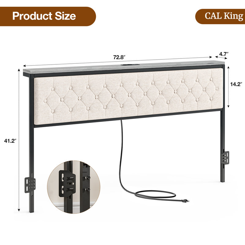 Headboard With Storage And Charging Station, Upholstered Storage Headboard Only With Bed Frame Brackets Adapter, Button Tufted Design, Easy Assembly