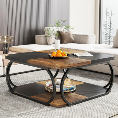 39” Square Coffee Table With Storage Shelf – 2-Tier Coffee Table With Heavy-Duty Metal Curved Frame