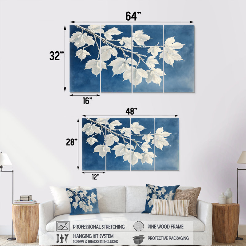 «White Frosted Leaves Brances II» - ensemble de décorations murales traditionnelles, H 32 po x l 64 po, 4