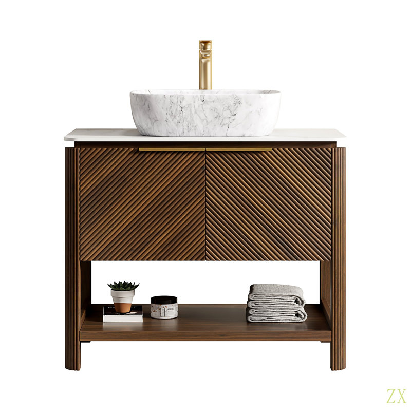 Meuble-lavabo 36 po, meuble de rangement autoportant en contreplaqué avec 2 portes diagonales rayées et tablette ouverte, lavabo en céramique à motif marbré et plateau en pierre frittée Carrara