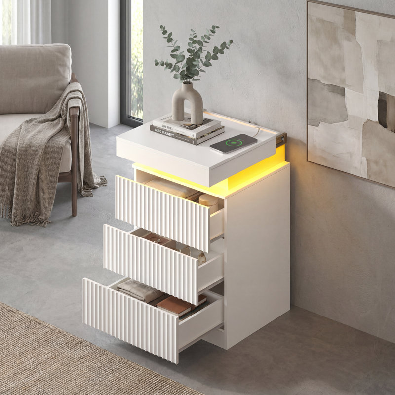 Modern 3-Drawer Nightstand with LED Light and Charging Station, 26.9" Tall Bedside Table with USB Ports & Outlets for Bedroom, Apartment, Dorm Room