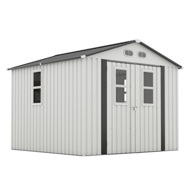 Remise de rangement extérieure 8 x 8, blanche, avec structure à impact, quatre fenêtres, portes verrouillables de couleur blanche, film de protection stable, idéale pour la cour
