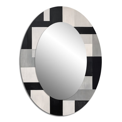 Black And White Cuboids Dream I - Abstract Oval Decorative Mirror On Metal