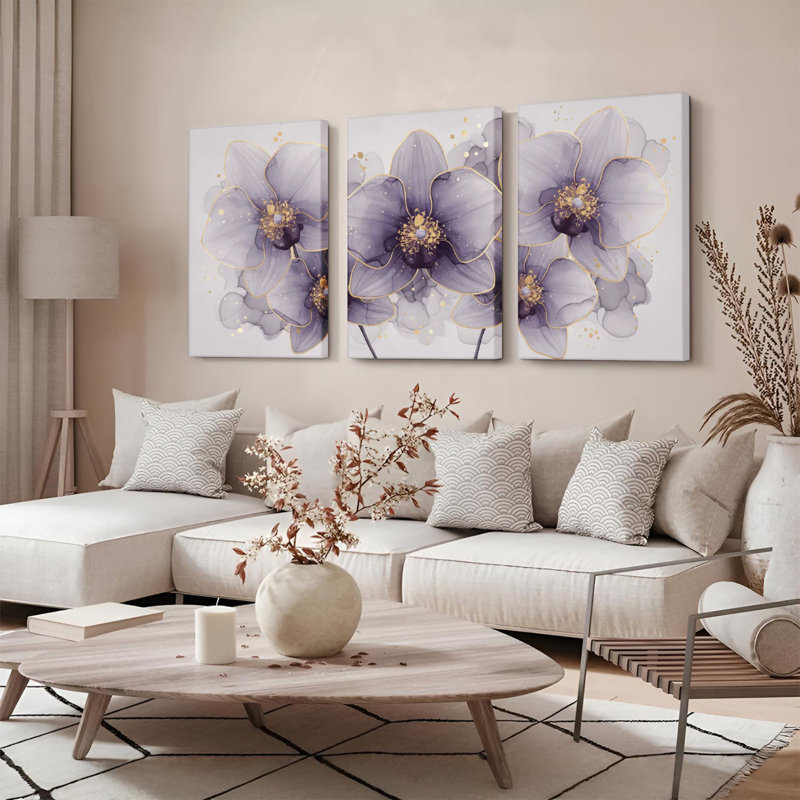 Purple Floral with Gold Accents Canvas Wrapped Wall Art, Modern Abstract Print (Set of 3), 24'' H x 48'' W