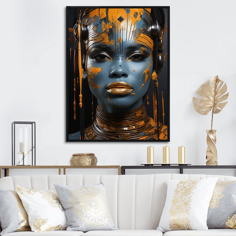 Art africain sur toile femme dorée et bleue - mode femme, Cadre photo noir, H 44 po x l 34 po