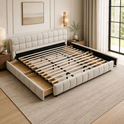 Lit tapissier, base de lit tapissier confortable, tissu chenille, avec tête de lit et base de lit solide. Avec tiroir pour le rangement (90,5 po x 80,5 po x 31 po)