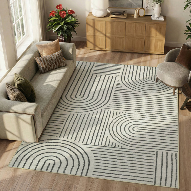 Celeta Washable Abstract Japandi Rainbow Striped Black Area Rug - Colorful Modern Carpet for Living Room, Bedroom, or Office Decor