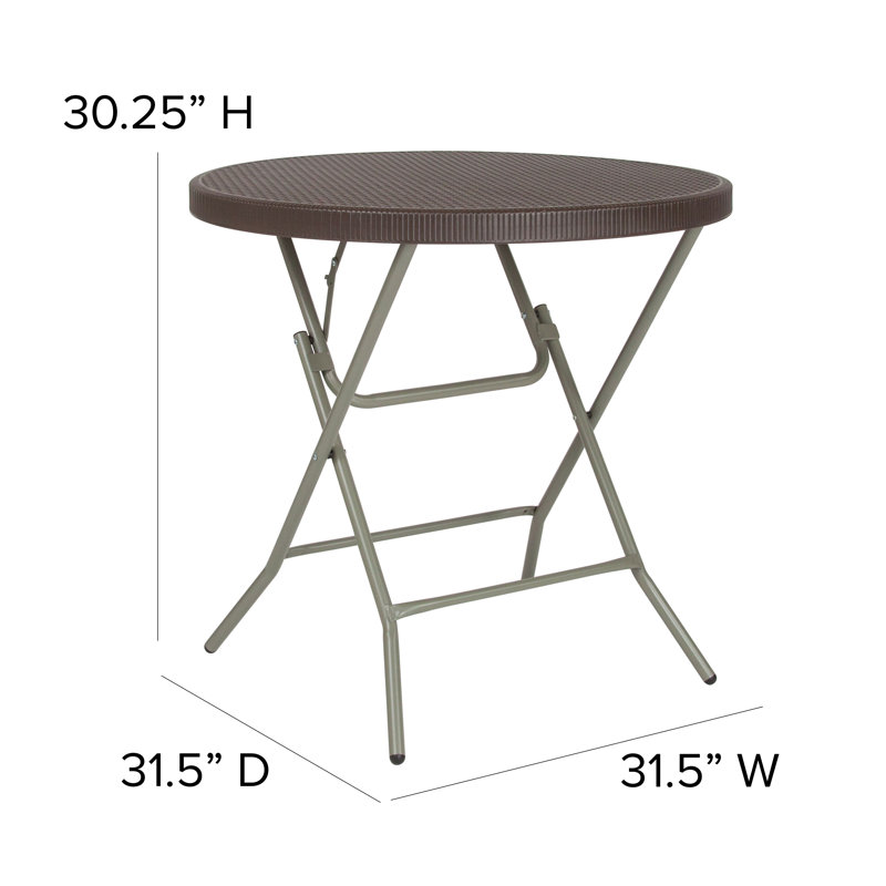 Petite Round Gray Metal Folding Table with Brown Plastic Top