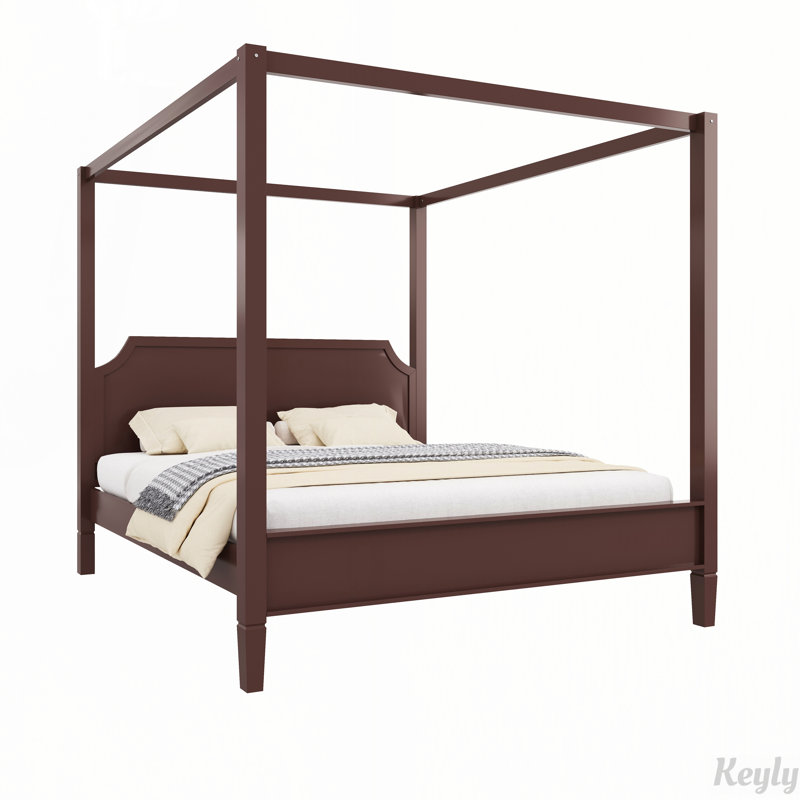 Lit plateforme à baldaquin en bois avec tête de lit et pieds de support, Grand lit, Noyer