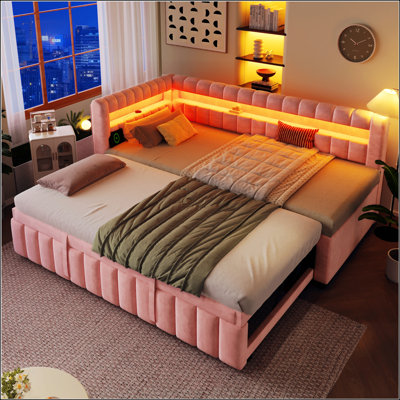 Lit de jour simple TG avec très grand lit avec lumières DEL, ports USB et lit gigogne escamotable, parfait pour une vie moderne et fonctionnelle