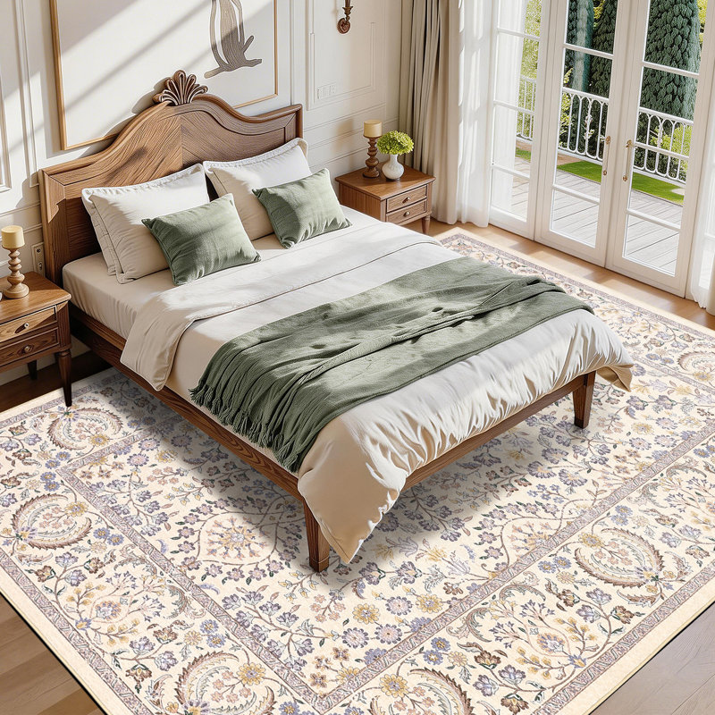 8x10 Washable Area Rug, Vintage Boho Floral Low-Pile Rug, Stain Resistant Soft Non-Slip Carpet for Living Room, Bedroom, Dining Room, Kids Nursery, Camel