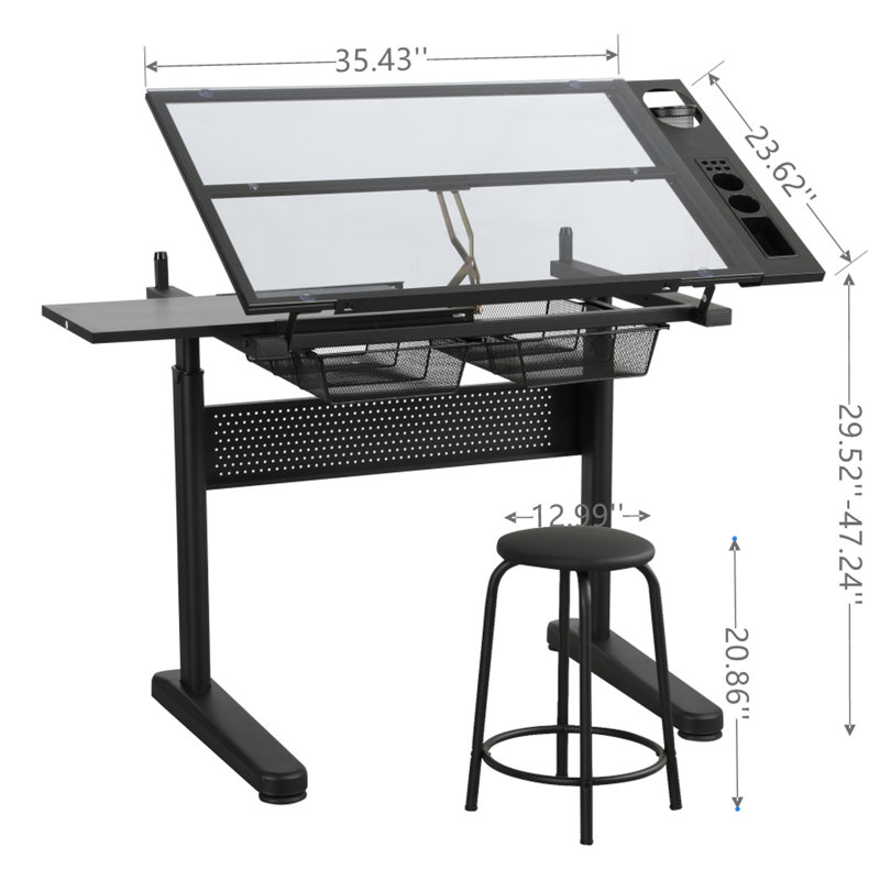 Table à dessin avec réglage de la hauteur de la manivelle, 2 tiroirs en métal et tabouret à manivelle, tiroirs et bureau inclinables de couleur noire