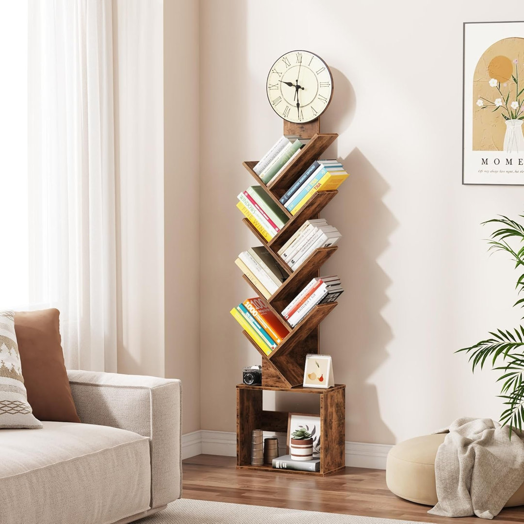 Tree Bookshelf with Clock, 8-Tier Floor Standing Book Shelf, CD DVD Book Magazine Document Display Rack