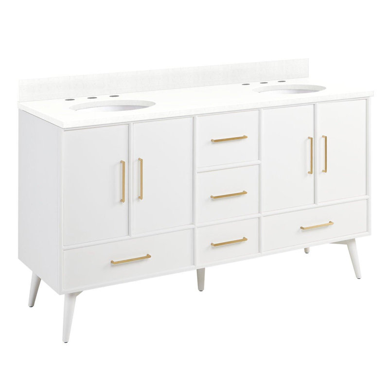 60" Novak Double Bathroom Vanity Set with Oval Undermount Sinks, 8" Widespread, Feathered White Quartz, White