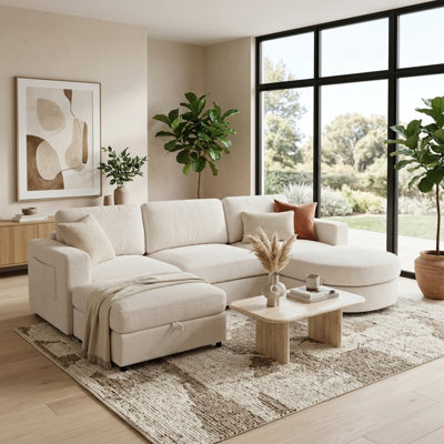 U-Style 102.4" U Shaped Sectional Sofa, Chenille Modular Couch with Curved Ottoman & Storage Ottoman, 3 Seater Sofa with Drop Down Console and 2 Cup Holders, Solid Pine Wood Frame for Living Room