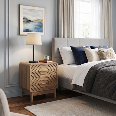 Modern 2-Drawer Nightstand with Geometric Carved Drawer Fronts, Mid-Century Wooden Bedside Table with Gold Handles and Solid Wood Legs for Bedroom, MD
