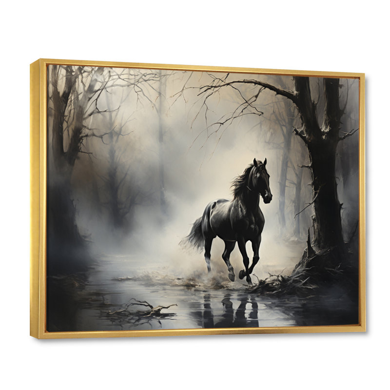 «Gray Horse Misty Morning Canter I», art mural encadré, Cadre flottant doré, H 12 po x l 20 po x P 1 po