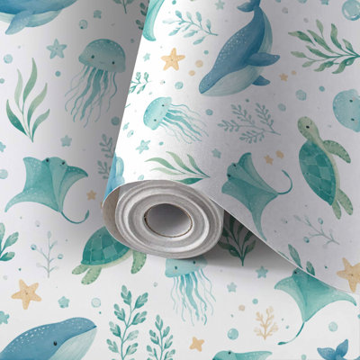Peel and Stick Wallpaper Contact Paper Ocean Animals Watercolor Seamless Whales Sea Turtles Self Adhesive and Removable 24in x 118in(60x300cm)