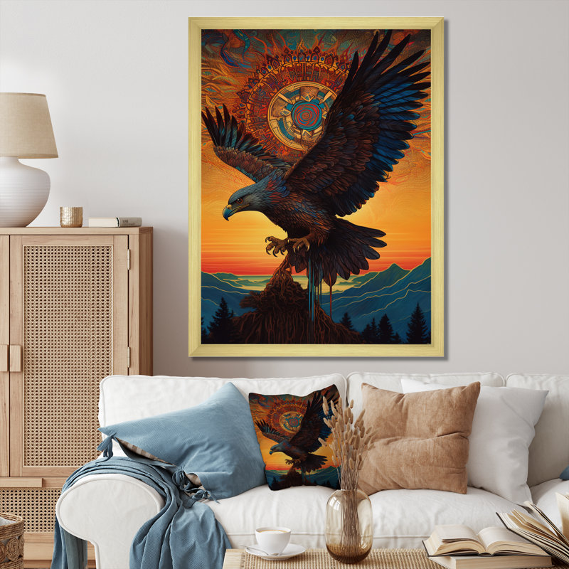 «Majestic Mystical Eagle in Sunset Sky», reproduction sur toile, H 40 po x l 30 po x P 1,5 po, Encadrement doré
