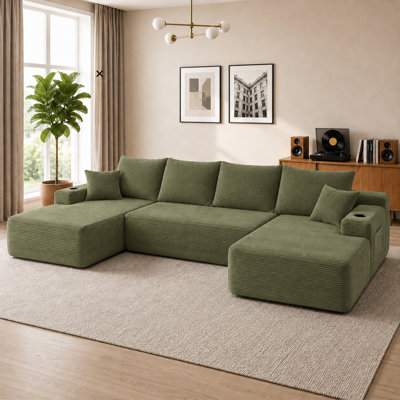 126" Cloud Sectional Sofa with U-Shape Chaise and Side Pockets and Cup holder , Modern Modular Design, Deep Seating, Upholstered Couch for Living Room/Bedroom, No Assembly Required (Corduroy)WHITE