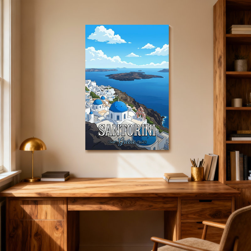 Paysages pittoresques et urbains de Santorin, édifices blancs, dômes bleus, vue sur la mer, H 18 po x l 12 po