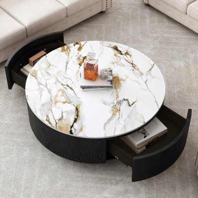 35.4-Inch Rustic Round Coffee Table with 2 Drawers and Sintered Stone Top, Black