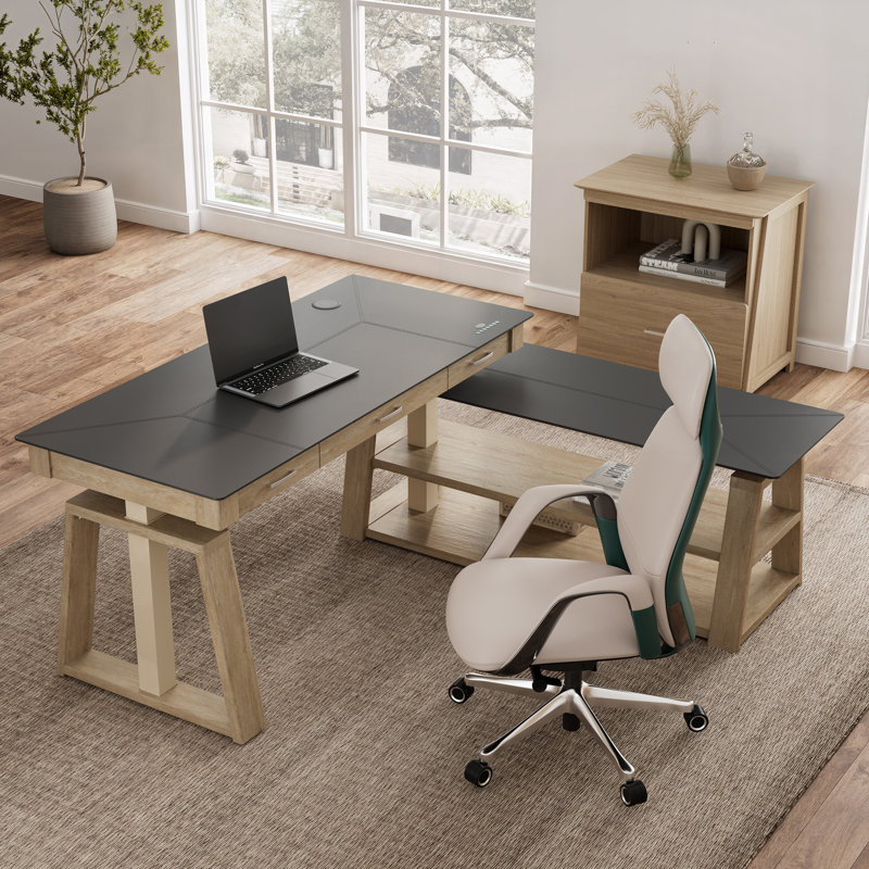 Modern Executive Office Set – 60" L-Shaped Height Adjustable Office Desk & Genuine Nappa Leather High-Back Chair Set